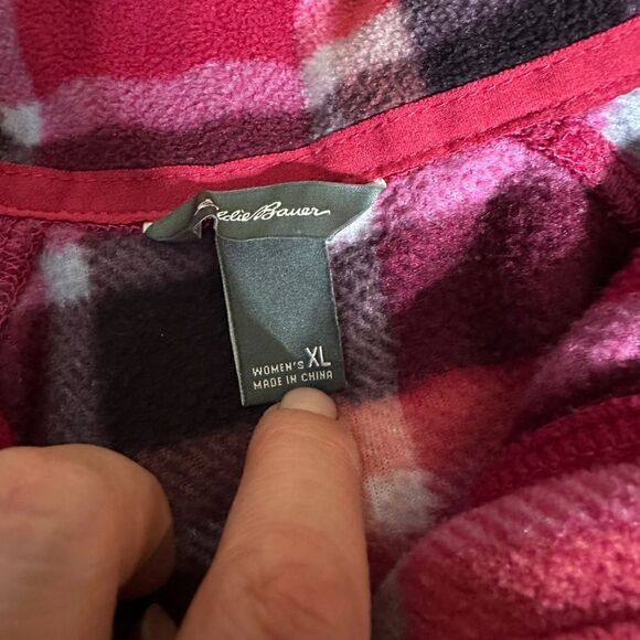 Eddie Bauer Pink/Orange Plaid Quarter Zip Fleece Pullover Sweatshirt - Picture 6 of 9